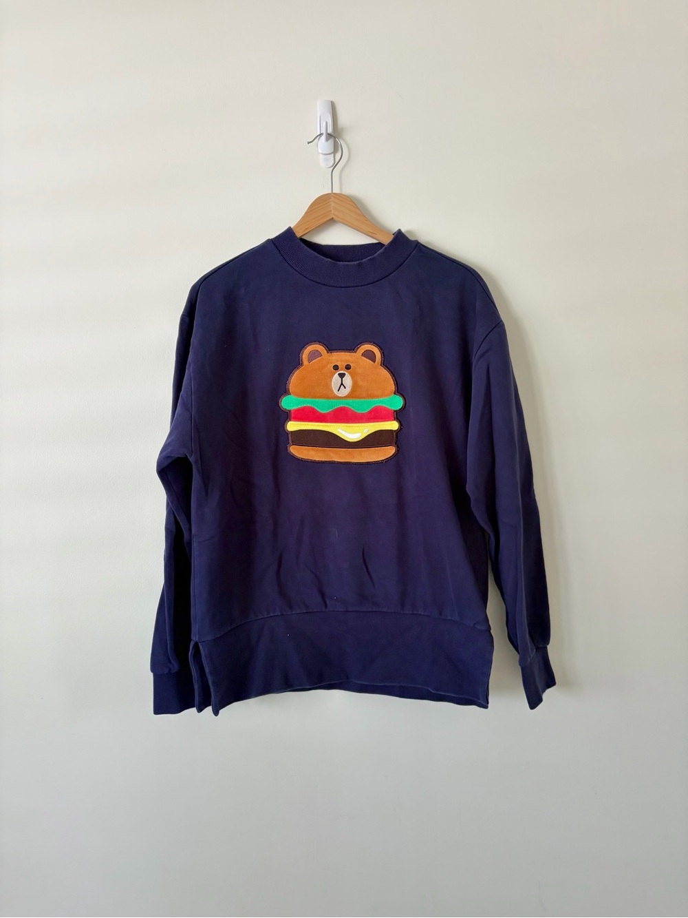 LINE FRIENDS Navy Crewneck Sweatshirt with Bear Burger Patch